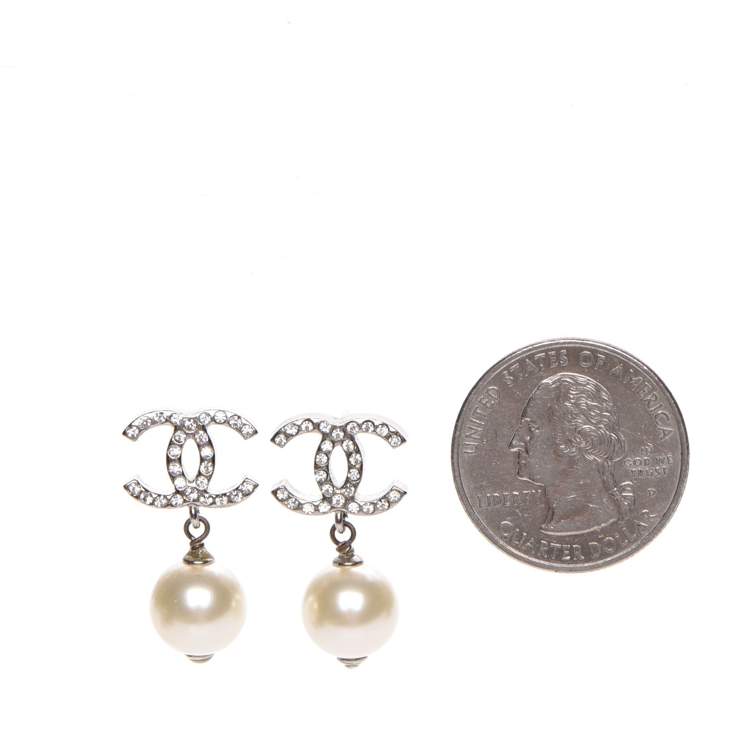 Chanel Crystal Pearl CC Drop Earrings Silver 2 of 5