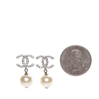 Chanel Crystal Pearl CC Drop Earrings Silver 2 of 5