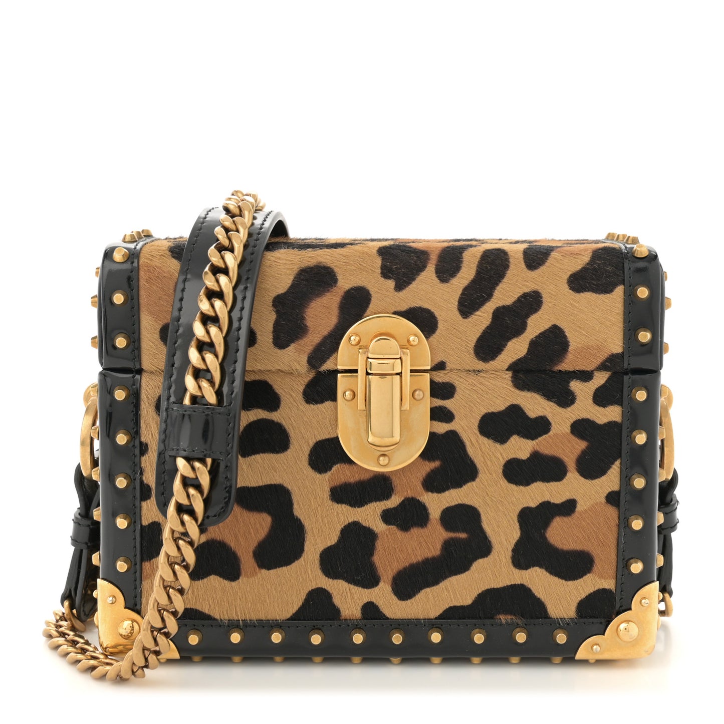 Calfskin Calf Hair Leopard Print Studded Chain Crossbody Bag Black