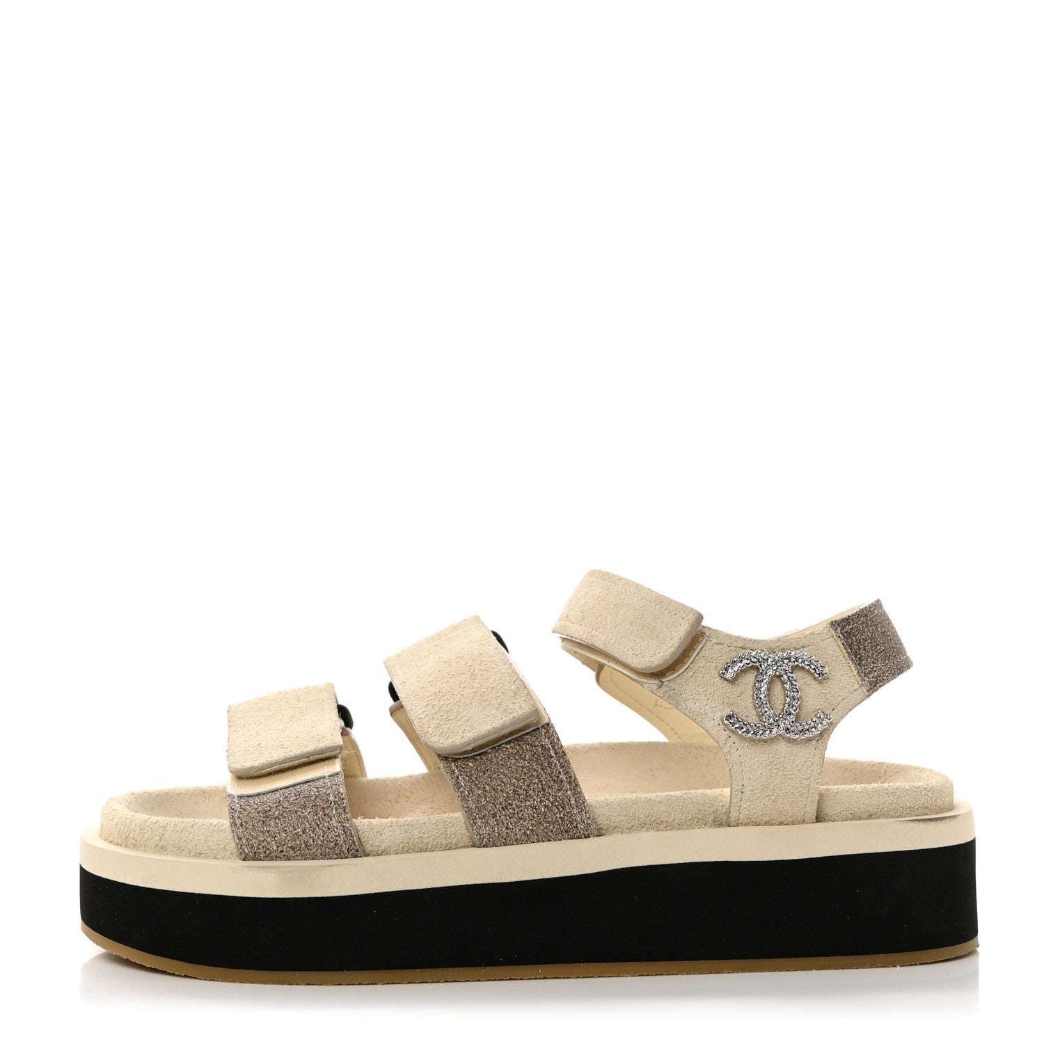 Chanel Suede Calfskin Velcro Flat Sandals 35 Ecru Dark Beige 1 of 9