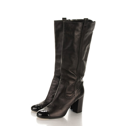 Chanel Lambskin Patent CC Cap Toe High Boots 37.5 Black 3 of 6