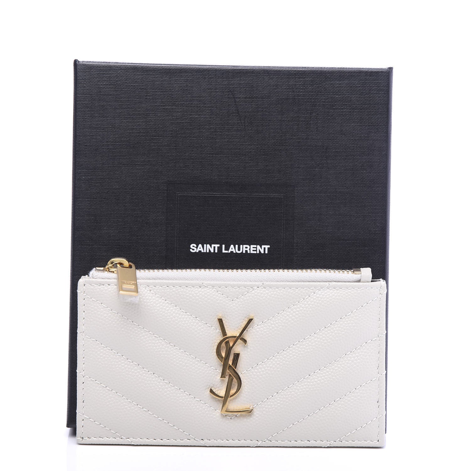 Saint Laurent Grain De Poudre Matelasse Chevron Monogram Fragments Zippered Card Case White 7 of 7