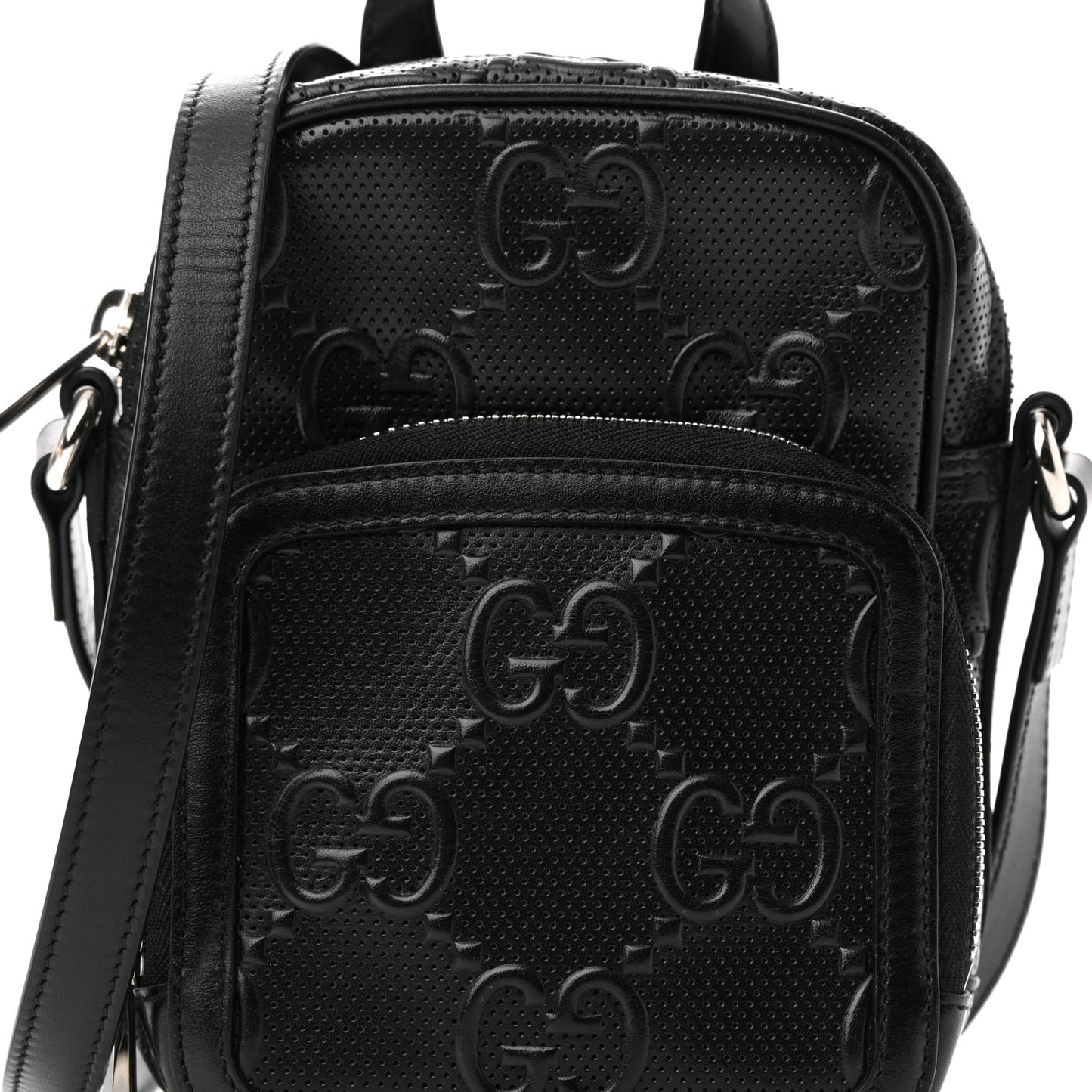 Calfskin GG Tennis Embossed Mini Double Zip Messenger Bag Black