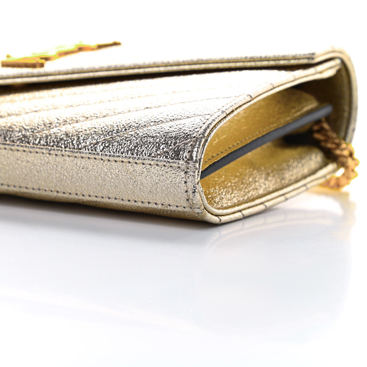 Saint Laurent Metallic Grain De Poudre Matelasse Chevron Monogram Chain Wallet Gold 11 of 12