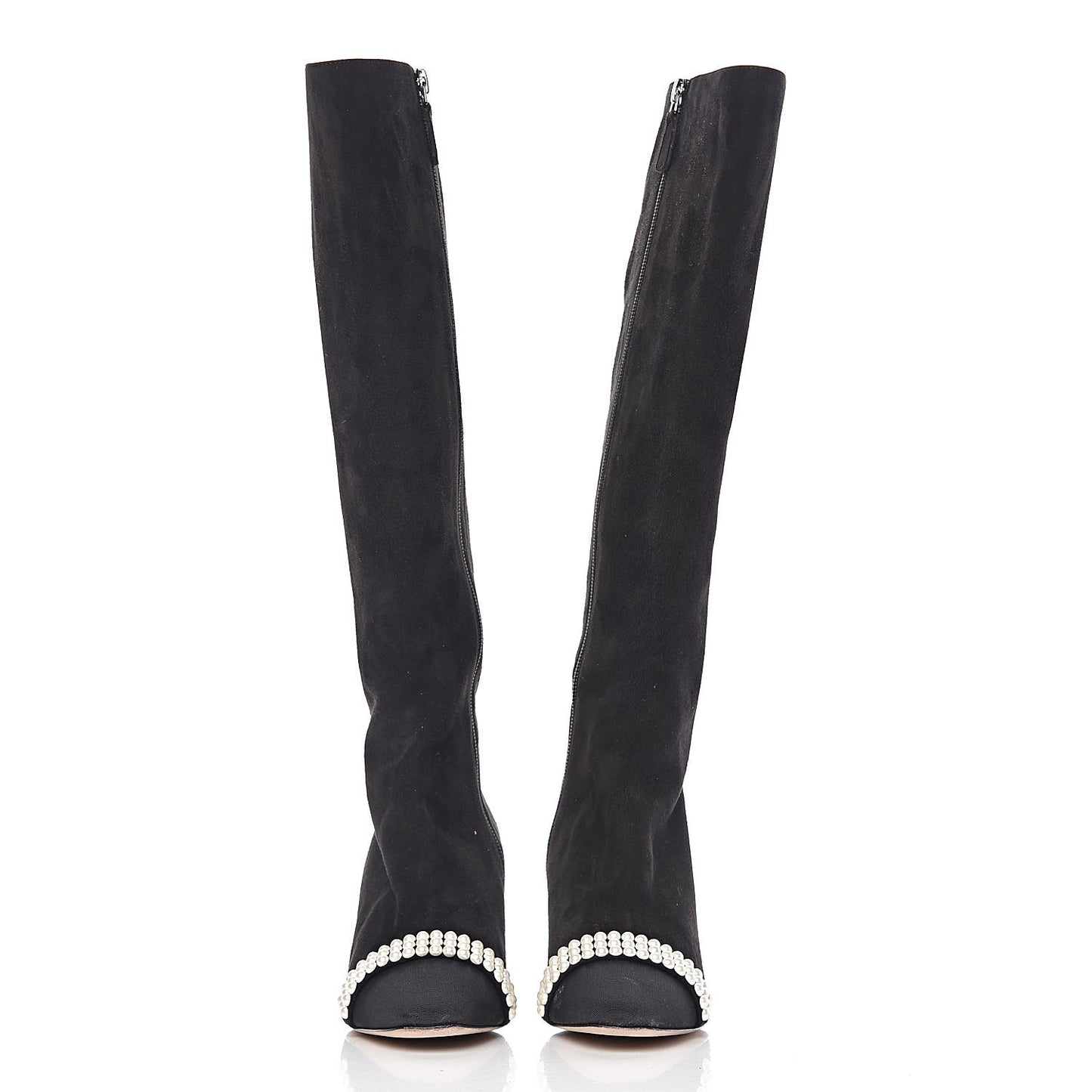 Suede Grosgrain Pearl CC Cap Toe High Boots 37 Black