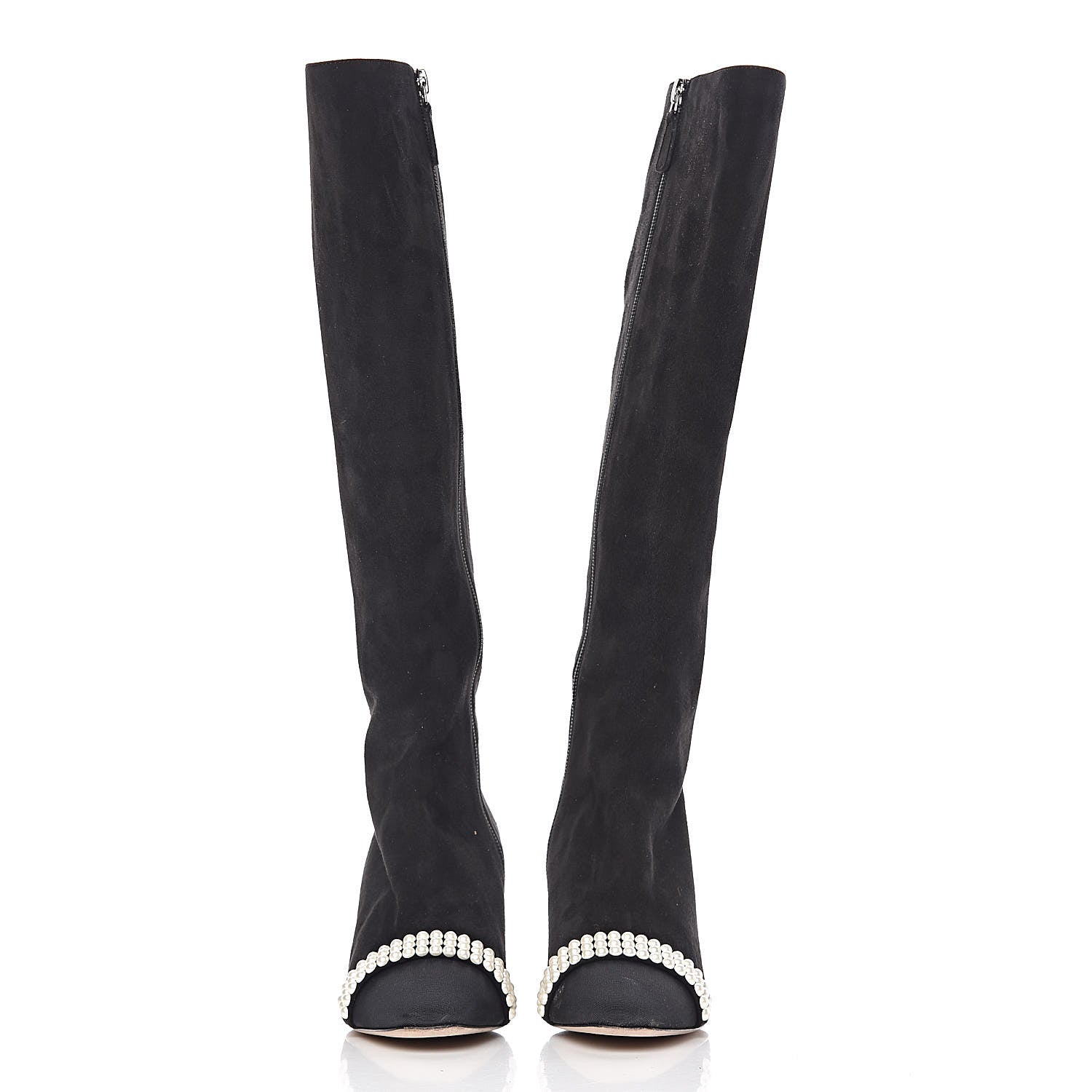 Chanel Suede Grosgrain Pearl CC Cap Toe High Boots 37 Black 2 of 17
