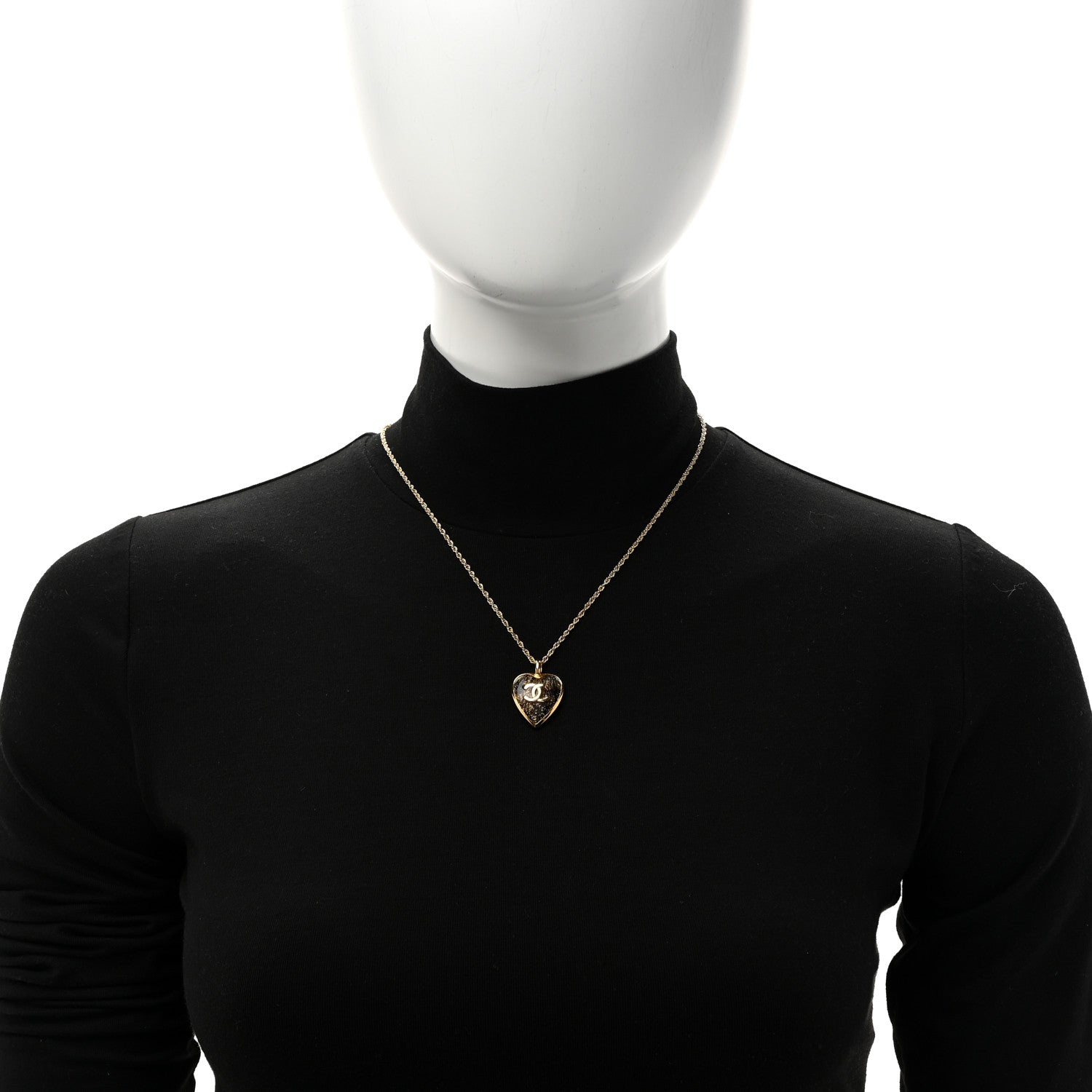 Chanel Metal Lace Resin Glass CC Heart Necklace Gold Black 2 of 5