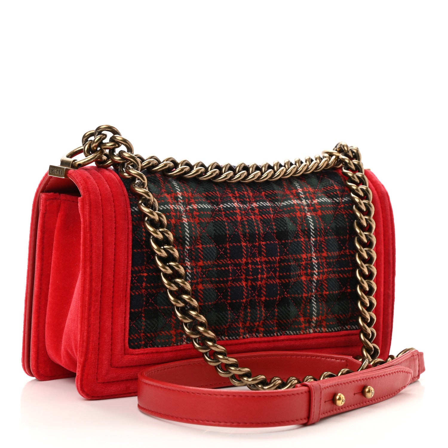 Chanel Velvet Plaid Tartan Quilted Medium Boy Flap Red 3 of 11