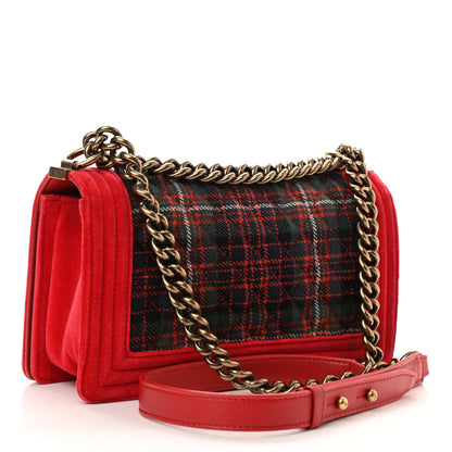 Chanel Velvet Plaid Tartan Quilted Medium Boy Flap Red 3 of 11