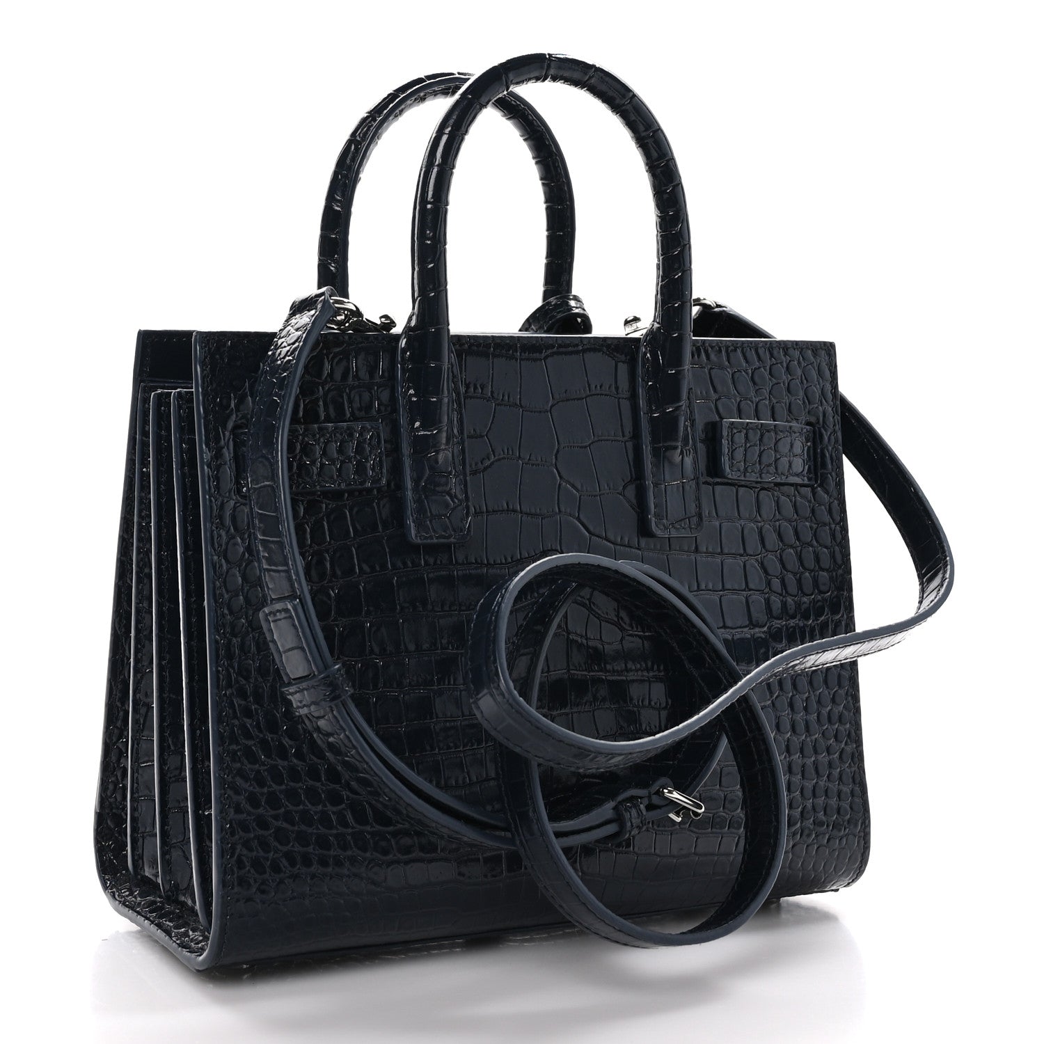 Saint Laurent Calfskin Crocodile Embossed Nano Sac De Jour Deep Marine 3 of 10