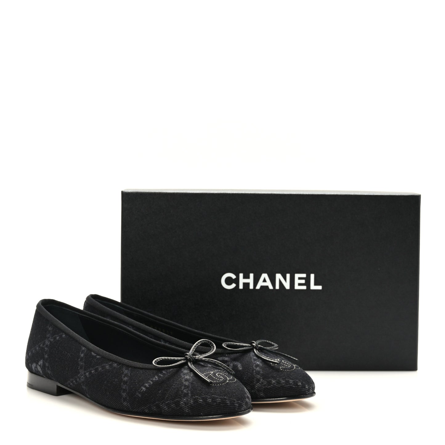 Denim Printed Cap Toe Ballerina Flats 38.5 Black White