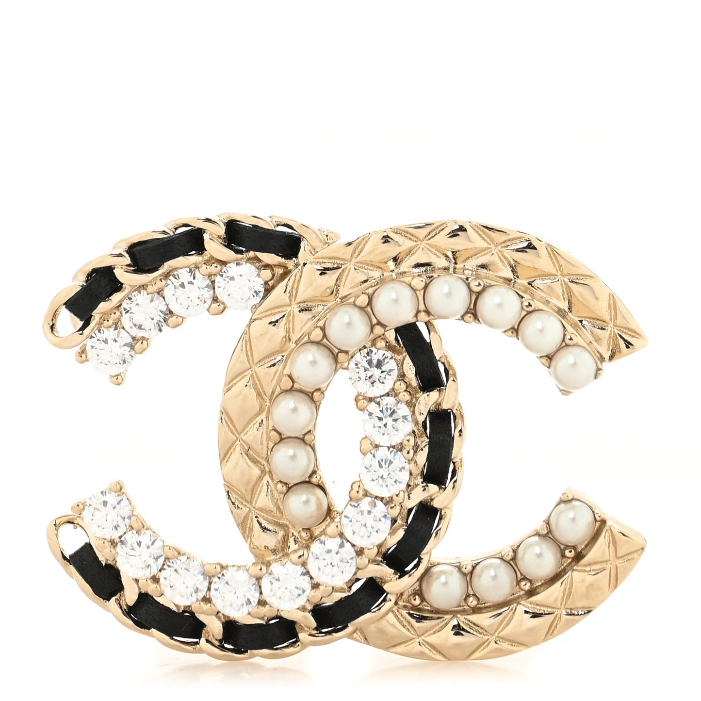 Lambskin Pearl Crystal Quilted CC Brooch Black Gold
