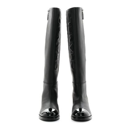 Chanel Calfskin Patent Cap Toe Quilted Logo Knee High Boots 38.5 Black 2 of 9
