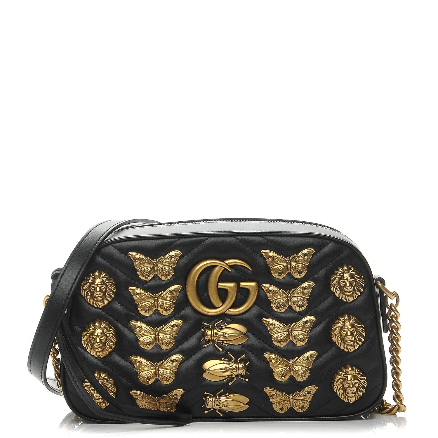 Gucci Calfskin Matelasse Animal Studs Small GG Marmont Chain Shoulder Bag Black 1 of 8