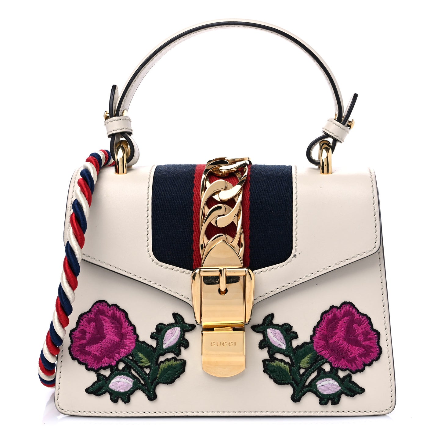 Calfskin Embroidered Mini Sylvie Top Handle Bag White