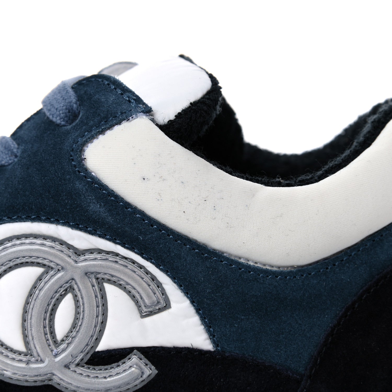 Chanel Nylon Calfskin Suede CC Womens Sneakers 39 Navy White Orange 11 of 14