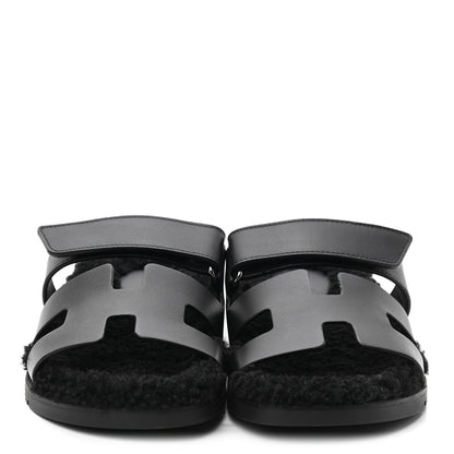 Hermes Calfskin Woolskin Womens Chypre Sandals 38 Black 2 of 8