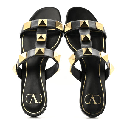 Valentino Garavani Calfskin Roman Stud Flat Slide Sandals 37 Black 2 of 10