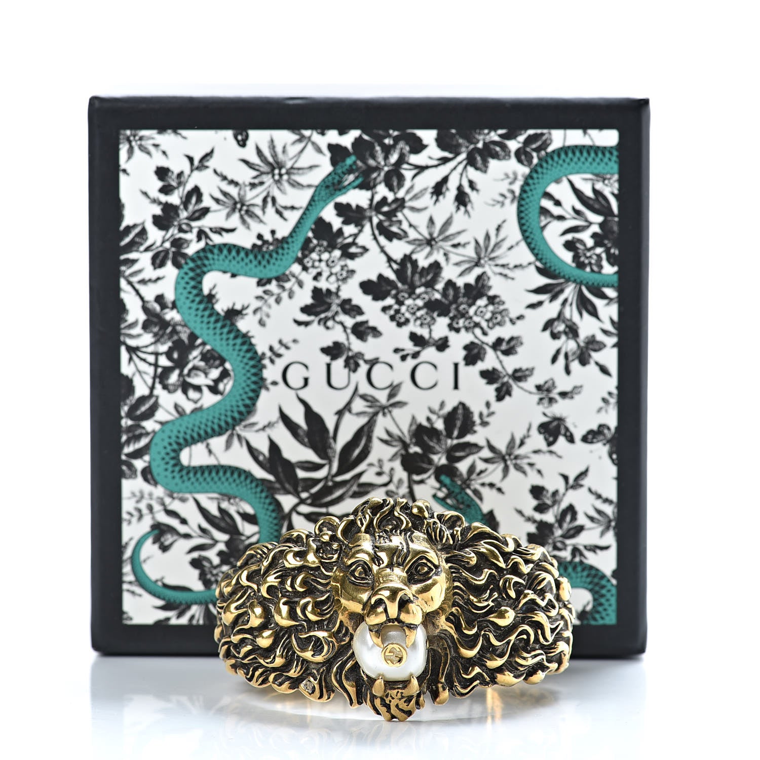 Gucci Metal Pearl Lion Head Cuff Bracelet 18 Aged Gold 7 of 7