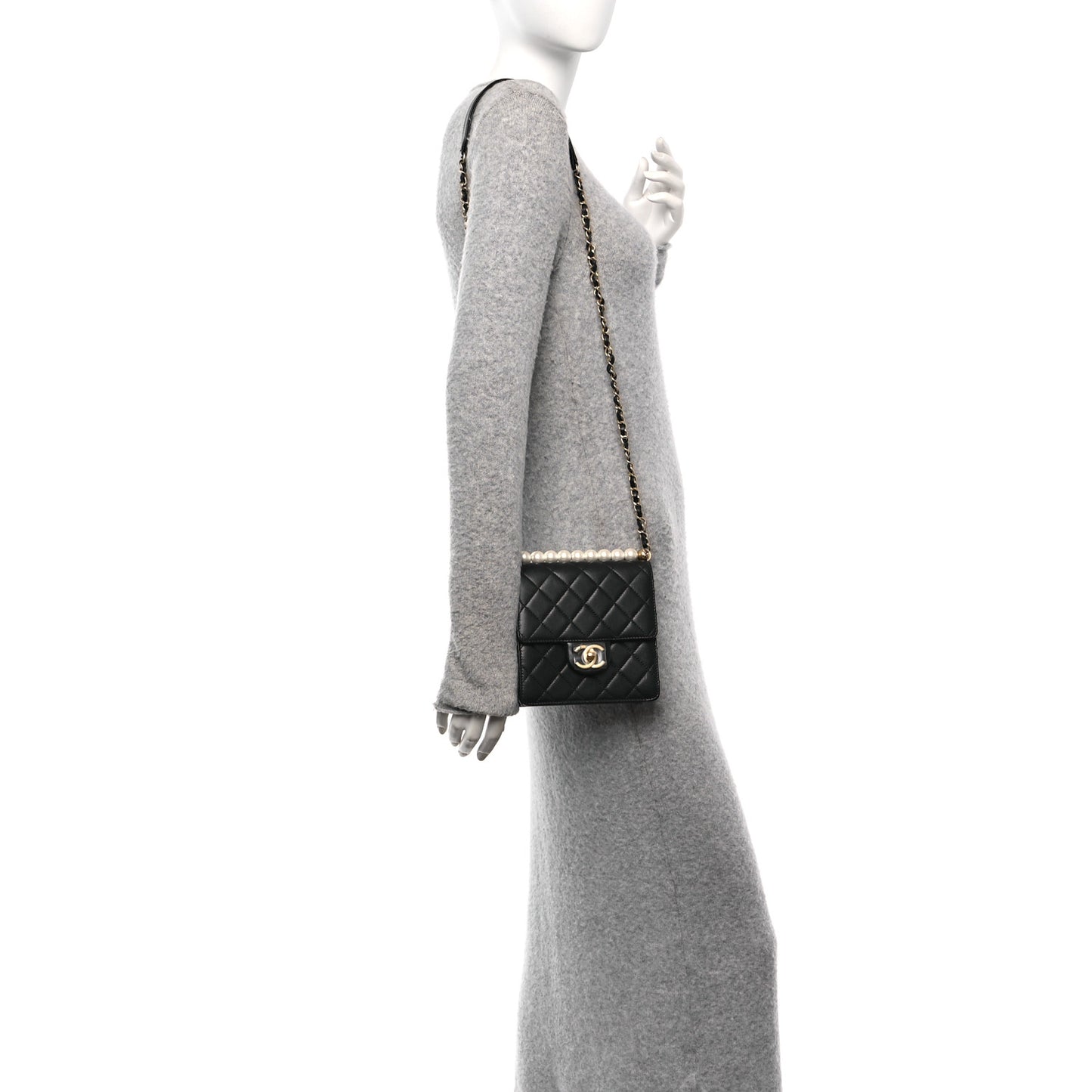 Lambskin Quilted Chic Pearls Flap Black
