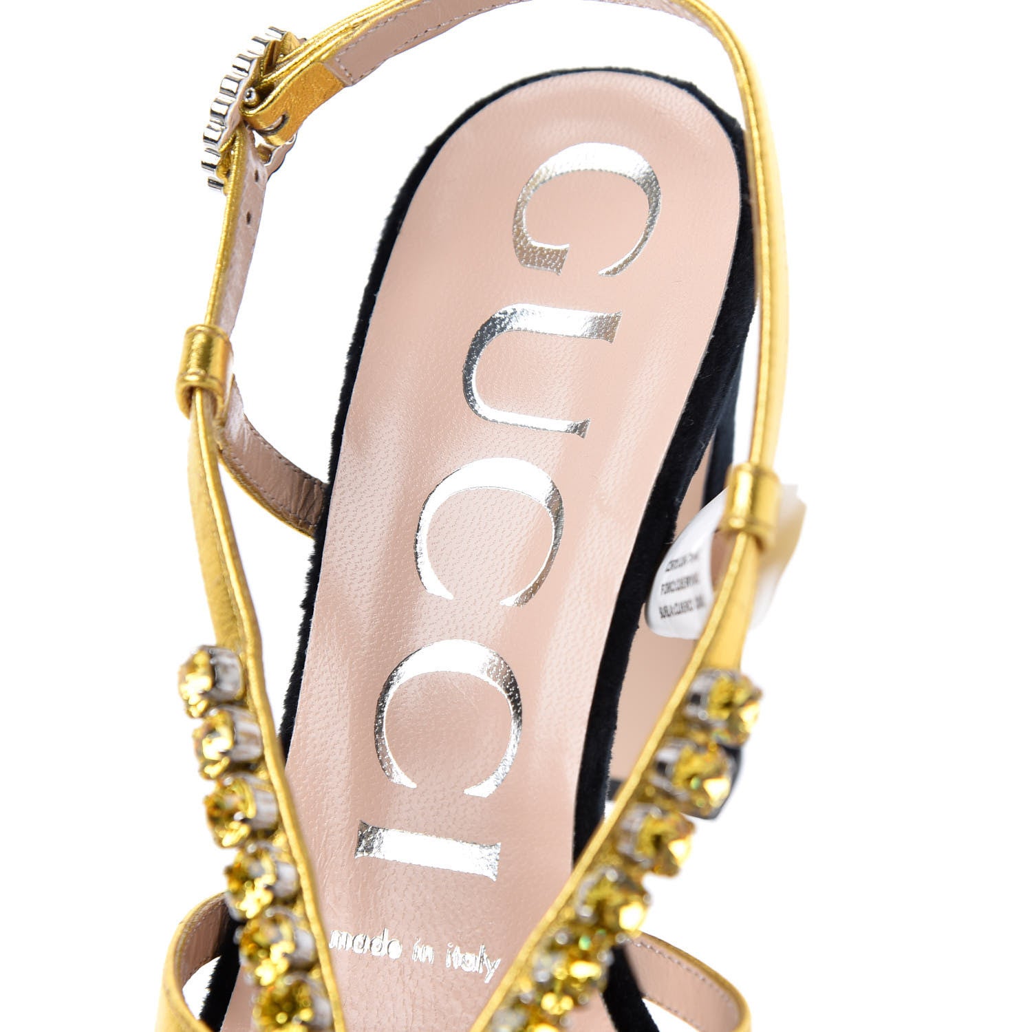 Gucci Velvet Nappa Crystal Zephyra Slingback Platform High Heel Sandals 35.5 Black Gold 8 of 10