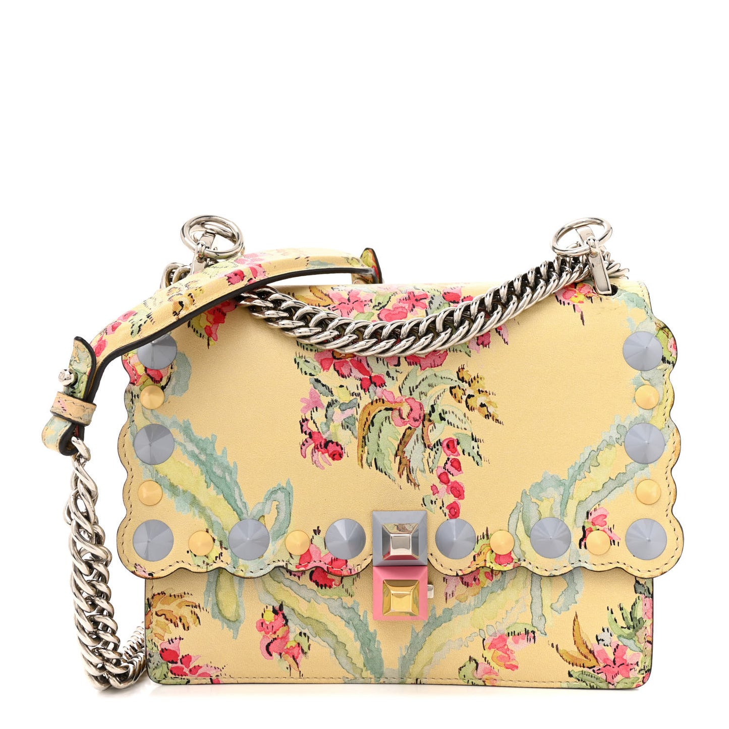 Vitello Marie Antoinette Print Scalloped Mix Studded Small Kan I Shoulder Bag Panna Multicolor
