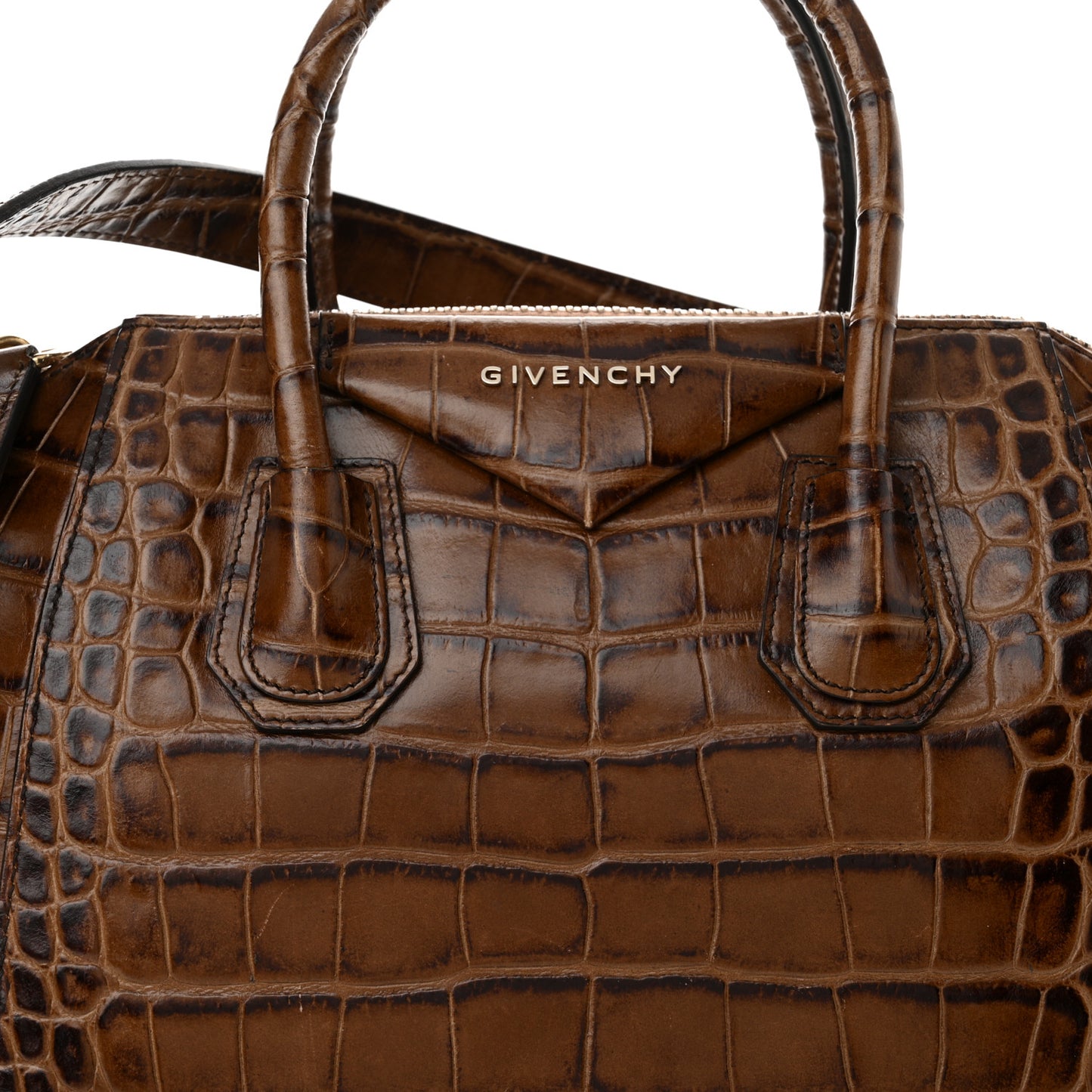 Calfskin Crocodile Embossed Small Antigona Brown