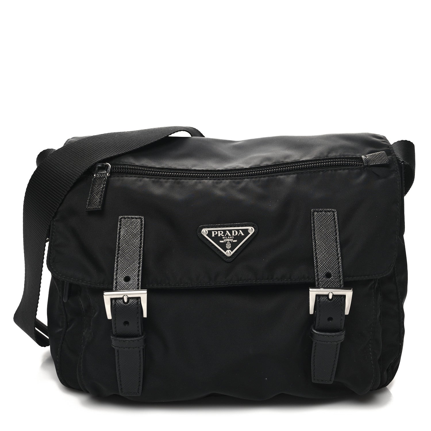 Prada Re-Nylon Vela Saffiano Double Buckle Messenger Shoulder Bag Black 1 of 9
