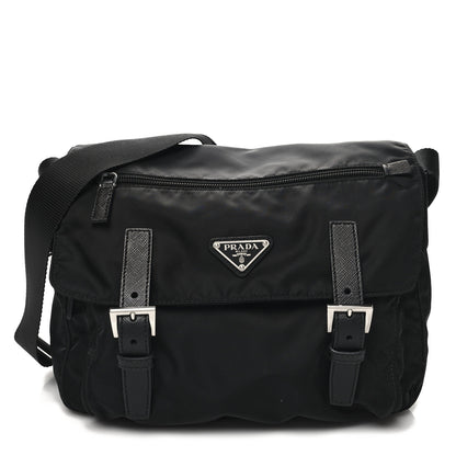 Prada Re-Nylon Vela Saffiano Double Buckle Messenger Shoulder Bag Black 1 of 9