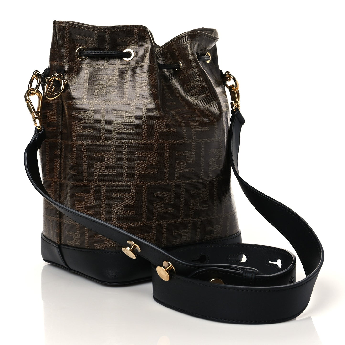 Glazed Fabric Vitello Grace F is Fendi FF 1974 Stamp Patch Grande Mon Tresor Bucket Bag Mogano Panna Black