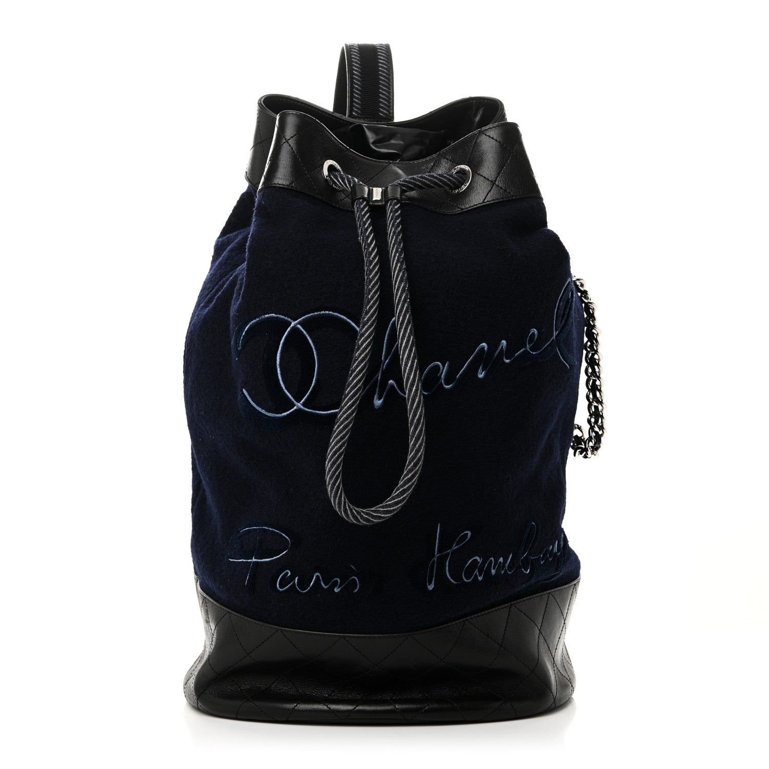 Chanel Wool Calfskin Embroidered Paris Hamburg Drawstring Backpack Navy Blue 1 of 10