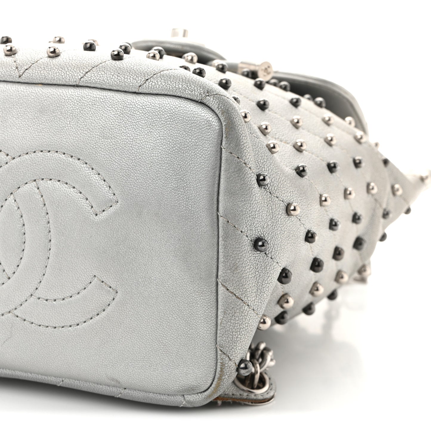 Metallic Lambskin Chevron Quilted Studded Stud Wars Backpack Silver