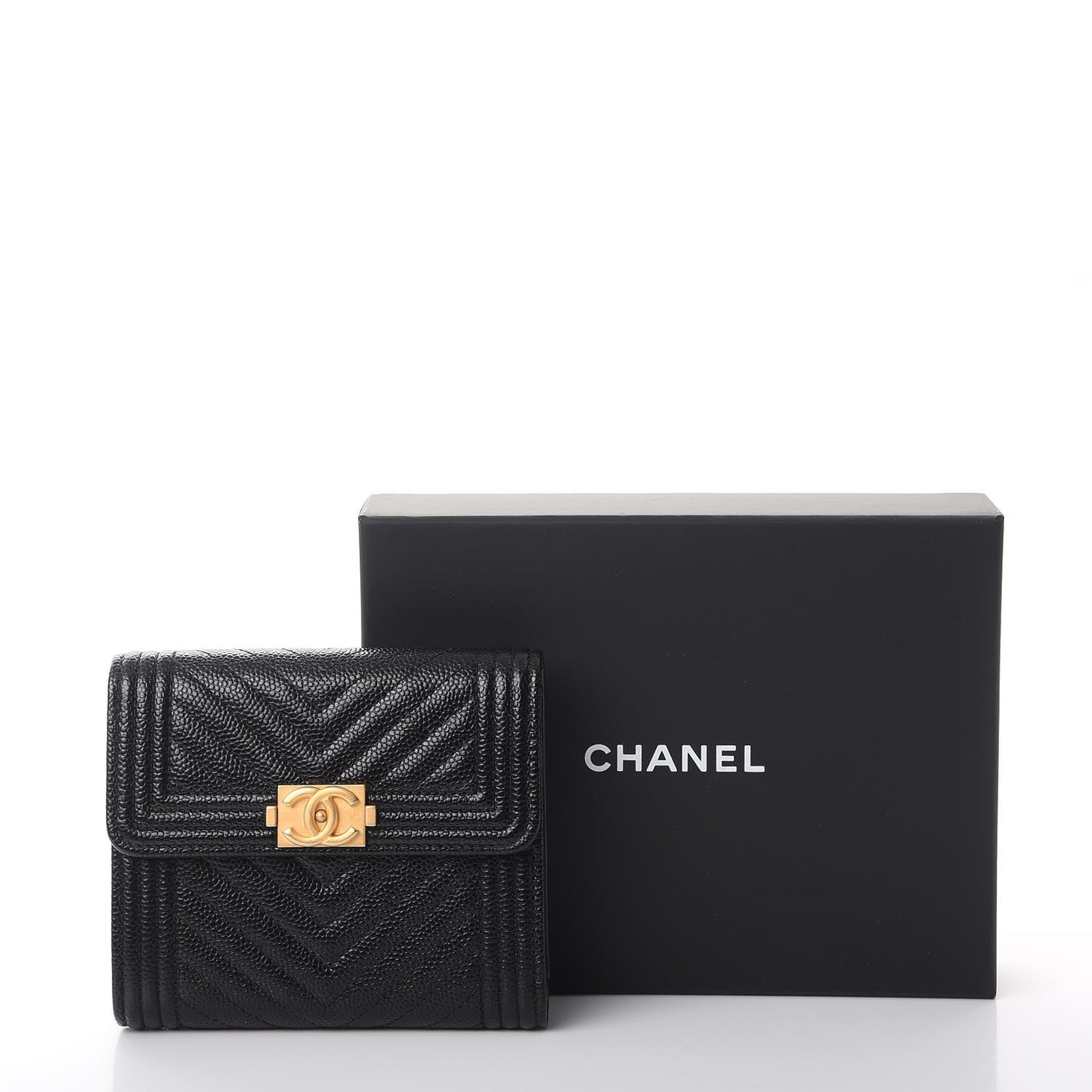 Caviar Chevron Quilted Boy Compact Wallet Black