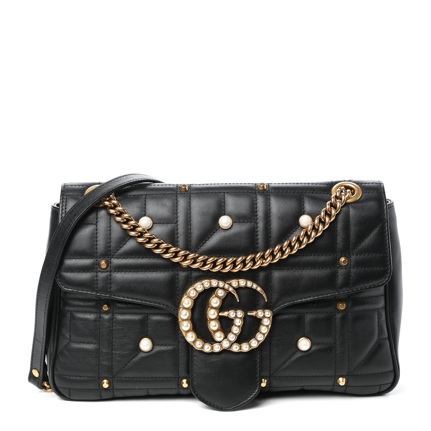 Calfskin Matelasse Studded Medium Pearly GG Marmont Shoulder Bag Black