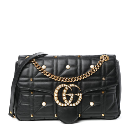 Gucci Calfskin Matelasse Studded Medium Pearly GG Marmont Shoulder Bag Black 1 of 9