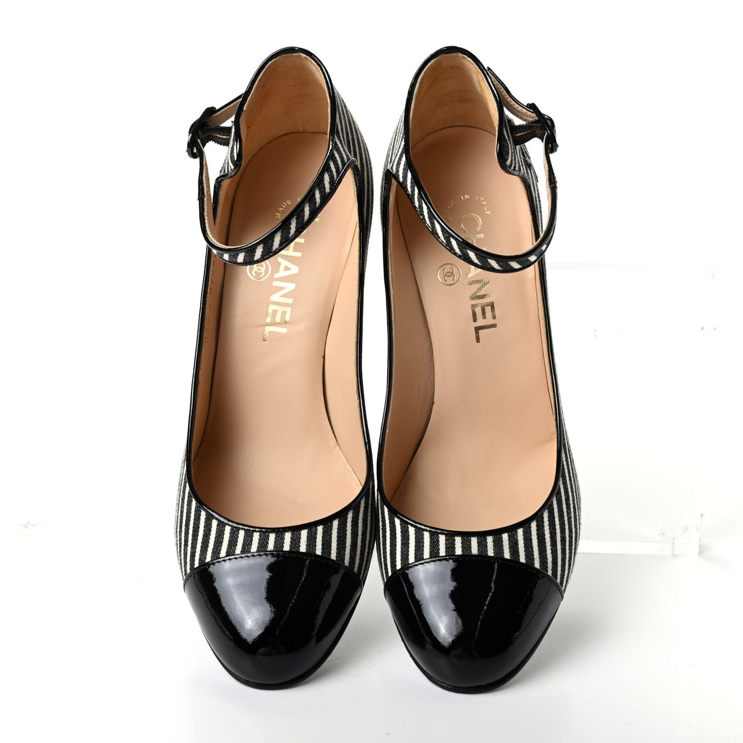 Fabric Striped Patent Cap Toe Ankle Strap Pumps 37.5 Black White