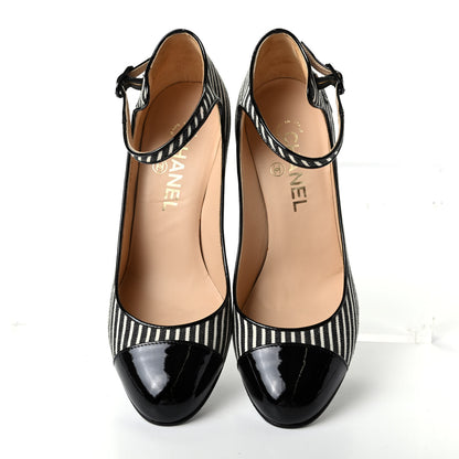 Chanel Fabric Striped Patent Cap Toe Ankle Strap Pumps 37.5 Black White 5 of 11