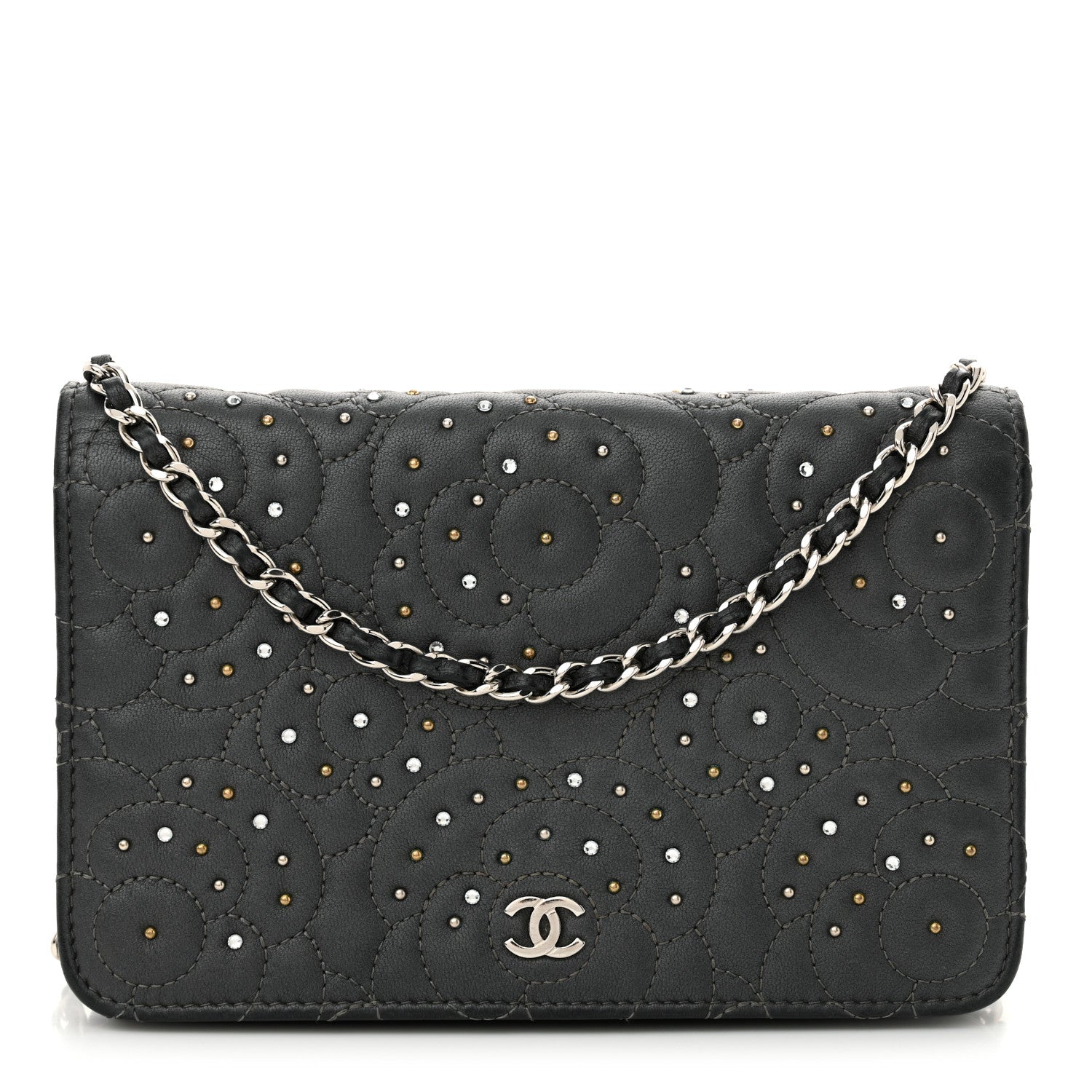 Chanel Lambskin Camellia Studded Wallet on Chain WOC Grey 1 of 18