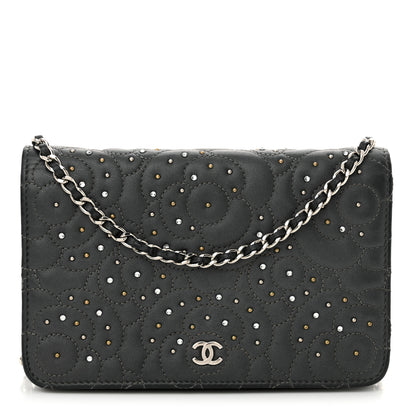 Chanel Lambskin Camellia Studded Wallet on Chain WOC Grey 1 of 18