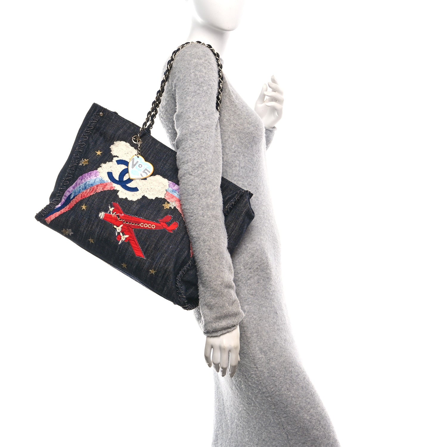 Chanel Denim Embroidered Night Flight Tote Blue 2 of 12
