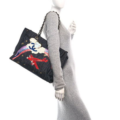 Chanel Denim Embroidered Night Flight Tote Blue 2 of 12