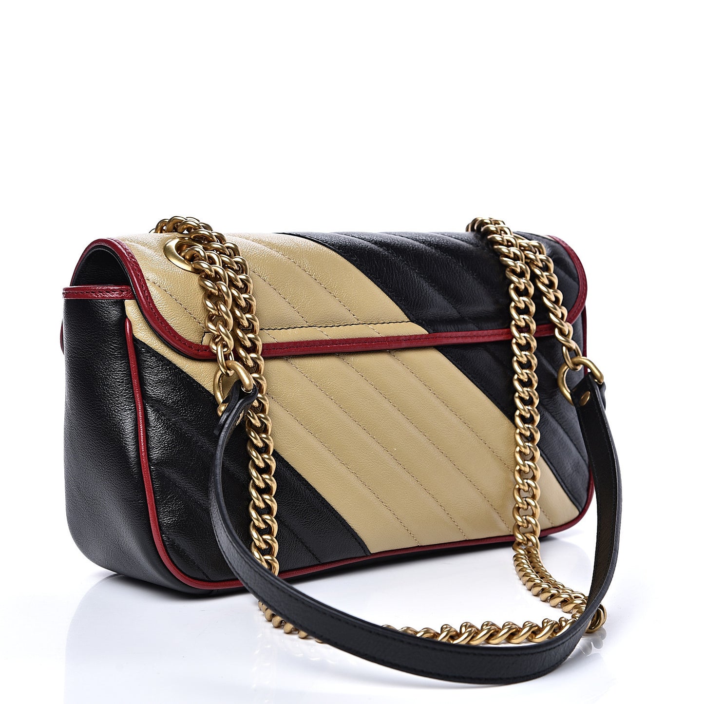 Vintage Effect Calfskin Matelasse Diagonal Striped Small Torchon GG Marmont Shoulder Bag Black Beige