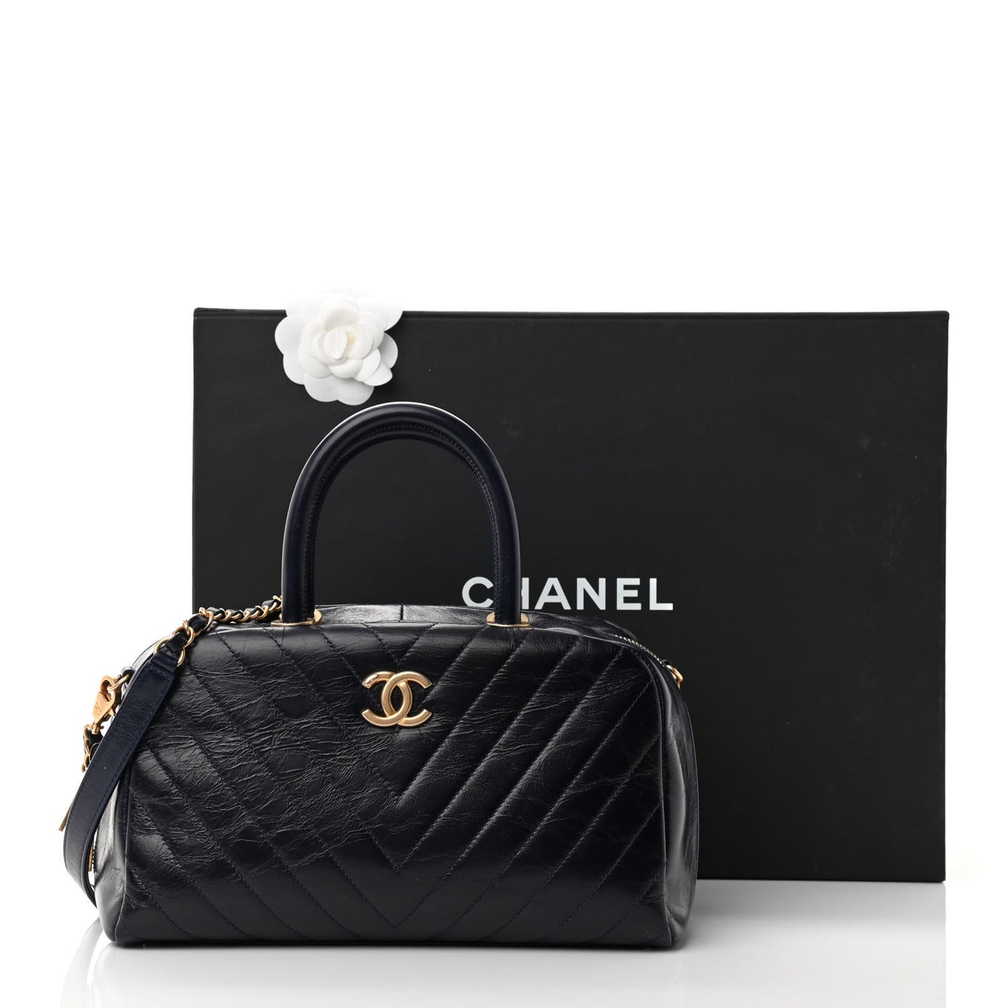 Glazed Calfskin Chevron Small Bowling Bag Navy