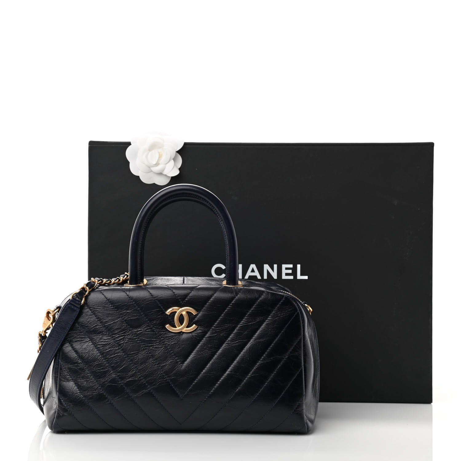 Chanel Glazed Calfskin Chevron Small Bowling Bag Navy 12 of 12