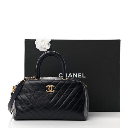 Chanel Glazed Calfskin Chevron Small Bowling Bag Navy 12 of 12