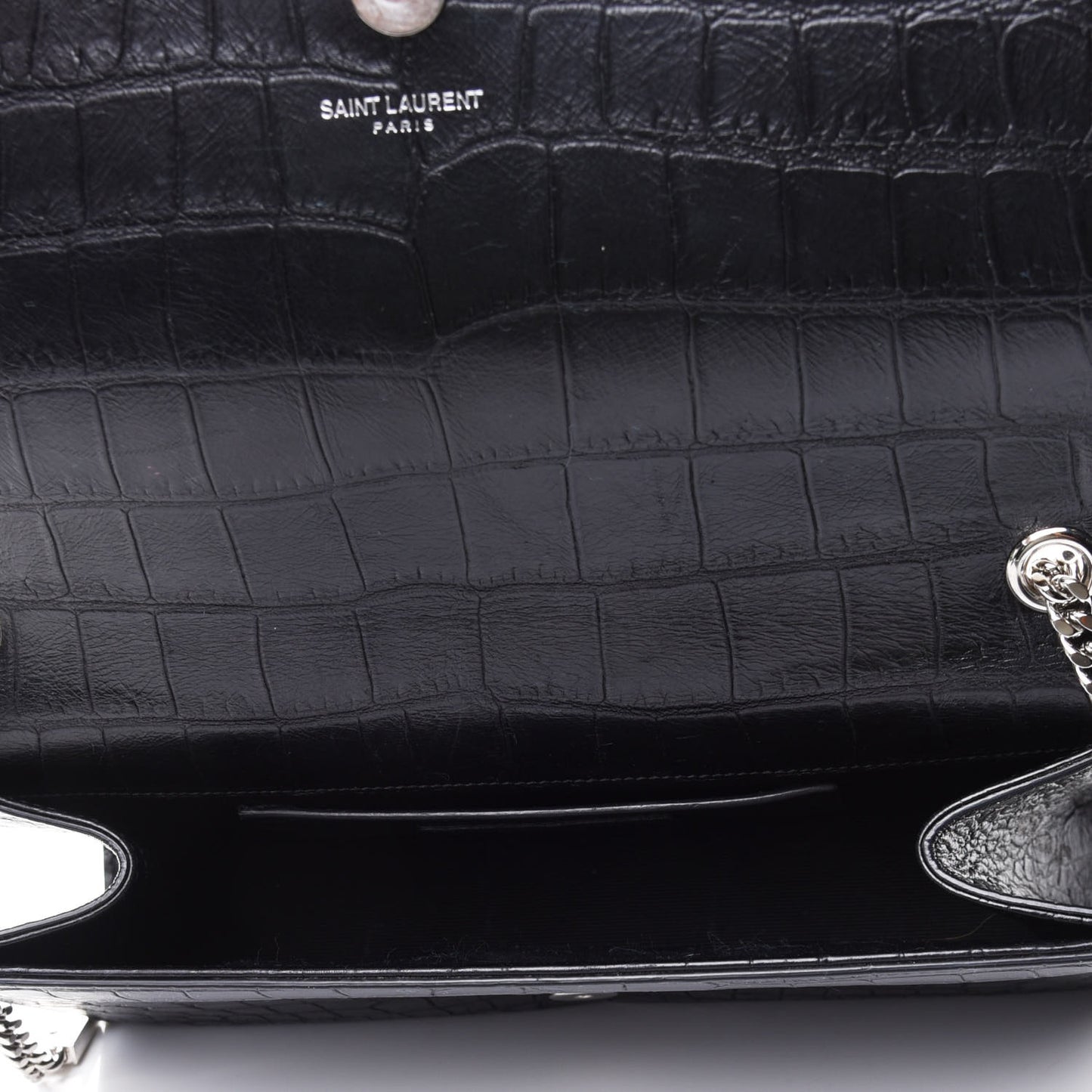 Calfskin Crocodile Embossed Medium Classic Monogram Kate Tassel Satchel Black