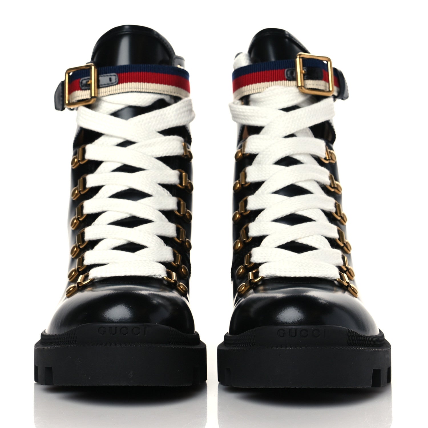 Gucci Calfskin Sylvie Web Womens Lace Up Combat Boots 38 Black 2 of 8