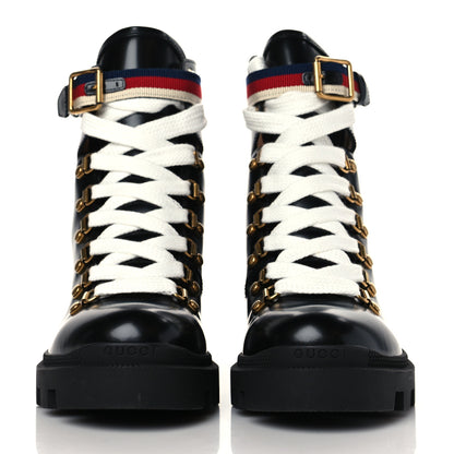 Gucci Calfskin Sylvie Web Womens Lace Up Combat Boots 38 Black 2 of 8