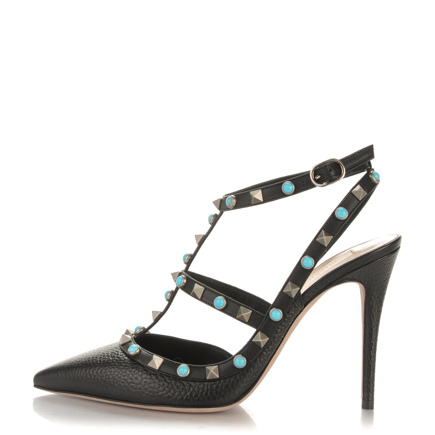 Pebbled Calfskin Turquoise Rockstud Rolling Ankle Strap 100mm Pumps 38.5 Black