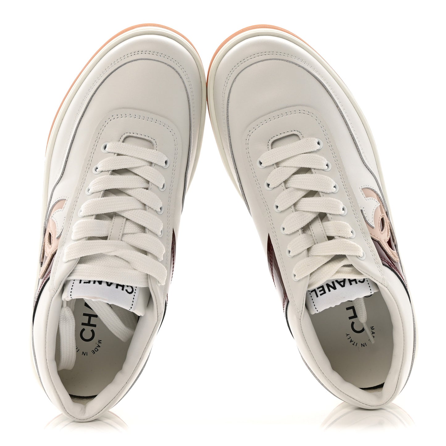 Calfskin Patent Womens CC Sneakers 36 White Burgundy Beige